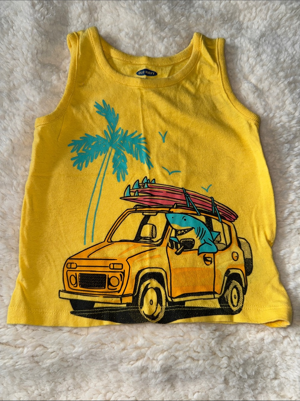 Old Navy Yellow Tank with Surf Car and Shark Graphic